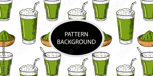 Handran popular matcha latte pattern background. Minimalist matcha leaf collection