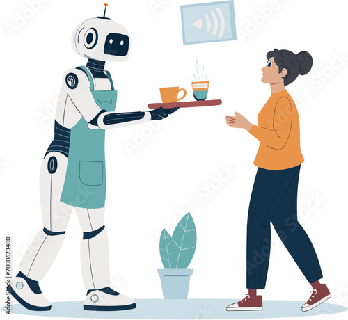 AI Robot Serving Coffee Service Automation Hospitality Technology Concept Illustration