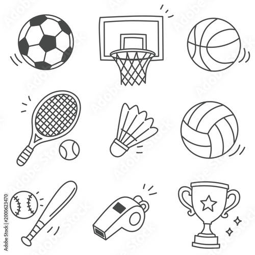Hand Drawn Sports Equipment Doodle Icon Set in Monoline Style