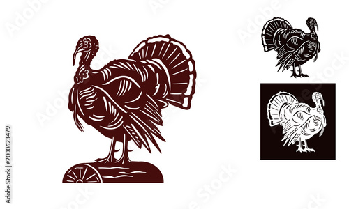 big healthy turkey standing logo, silhouette of dark brown turkey vector illustrations