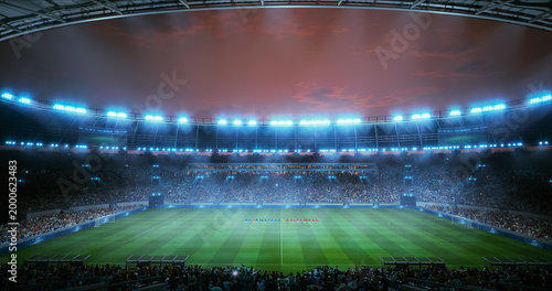 Professional Stadium With Football Game Championship Opening Ceremony. Soccer Teams Line the Center Circle as Floodlights Blaze Above Packed Stands and Fans Build Intense Anticipation Before Kickoff.