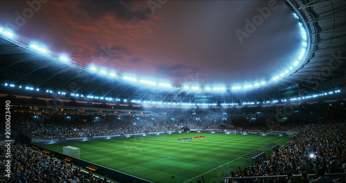 Professional Stadium With Football Game Championship Opening Ceremony. Soccer Teams Stand in Formation at Midfield as Floodlights Blaze Over Packed Stands and Fans Build Roaring Pre Kickoff Energy.