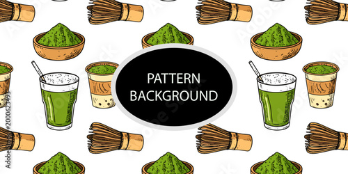Handran popular matcha latte pattern background. Minimalist matcha leaf collection