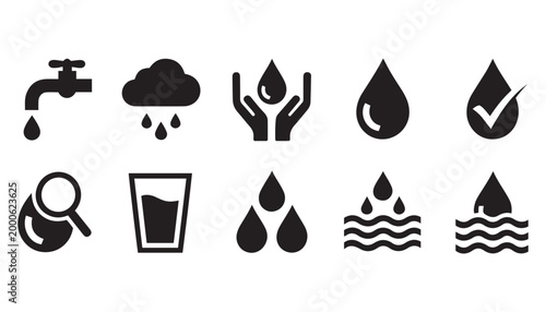 Water icons collection: faucet rain hands drops magnifying glass ocean waves with magnifying conservation freshness hydration abstract