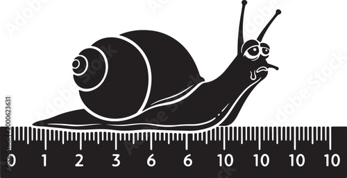 Snail on ruler symbolizing slow progress and measurement comparison of speed and size with measuring scale concept vector illustration.