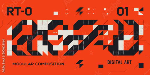 geometric modular composition with bold black and white shapes on orange background high quality professional
