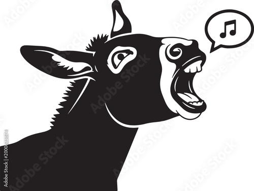 Black silhouette of donkey braying with music note in speech bubble, isolated on transparent background.