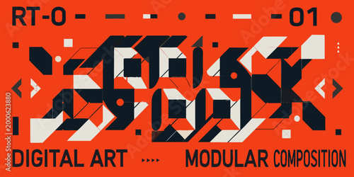 geometric modular composition with bold shapes on vibrant orange background high quality professional detailed modern