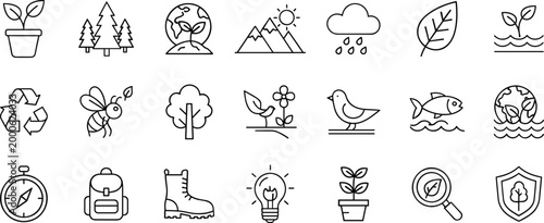 Ecology and Outdoor Adventure Icon Set Featuring Nature Conservation Symbols Sustainable Environment Elements Hiking Gear and Wildlife Protection Outline Vectors.