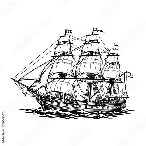 Sailing ship on the ocean with full sails, historic vessel at sea