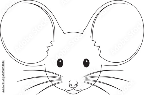 Line art drawing of mouse face with big ears and whiskers, isolated on transparent background.