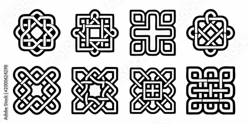 eight distinct celtic knot designs in black and white on white background high quality professional