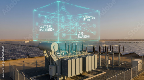 Smart grid technology with digital overlay for power management at a solar farm substation (generated using AI)