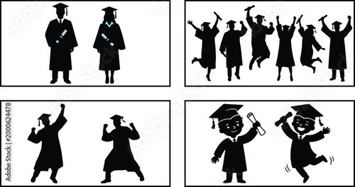 Graduation silhouettes and cartoon graduates set with students celebrating diplomas academic achievement education success collection