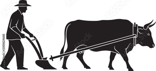 Farmer plowing field with ox and traditional plow, rural scene, agriculture illustration on transparent background.