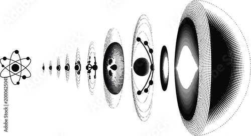 Abstract scientific illustration showing atomic structure evolving into multidimensional space concept