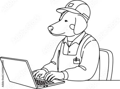 Dog in hard hat and overalls working on laptop computer with blueprints in background.