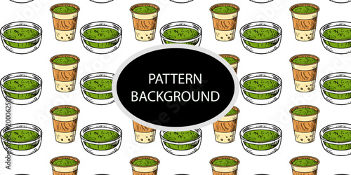 Handran popular matcha latte pattern background. Minimalist matcha leaf collection