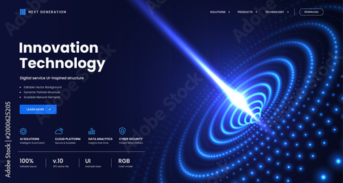 Innovation technology spiral beam background. Digital particle helix light energy concept. Futuristic AI science design. Cyber banner for business, presentation. Vector illustration.