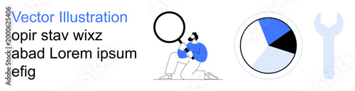 Free Download Data analysis, business strategy, tools usage, workflow improvement, research, teamwork. A person examines data with a magnifying glass, a chart and a tool icon. Data analysis and business strategy - GFXLoad