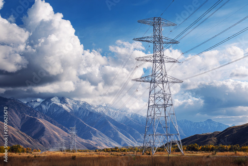 Power transmission lines stand tall along a wide road, connecting areas as clouds drift overhead. This scene shows the infrastructure for transporting electricity through the landscape
