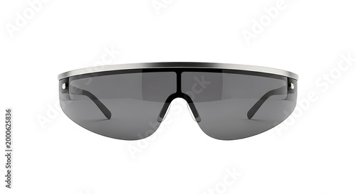 A sleek pair of futuristic sunglasses with dark lenses and a silver frame on a white background