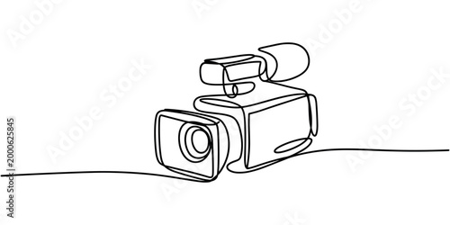 Black continuous line of a camera on a white background recording filming cinema
