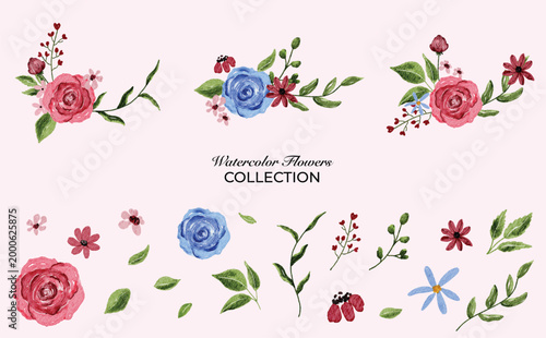 Elegant Watercolor Rose Collection with Blue and Pink Floral Bouquets and Greenery Elements Isolated on Pink
