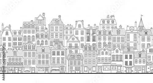Schilderij op canvas Seamless Pattern of Parisian Buildings in Black and White Sketch Style