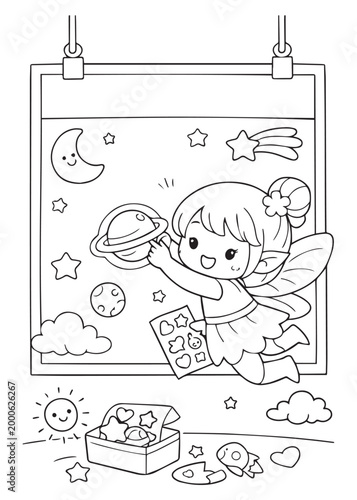 coloring book page fairy drawing a space scene on an easel with planets and stars around