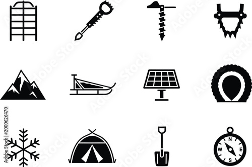 Set of winter adventure hiking and camping equipment flat black icons