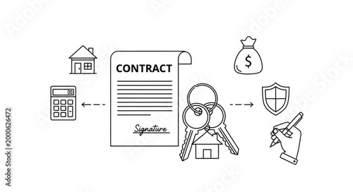 Real Estate Transaction Icons Representing Home Purchase Agreement.