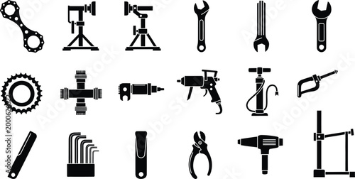 Set of black silhouette industrial repair tools and mechanical equipment icons