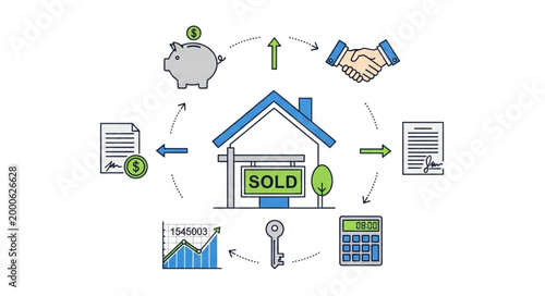 Real Estate Transaction Process Flow Chart with Icons.
