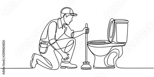 Single line of a person in a cap and tool belt kneeling with a plunger next to a toilet plumbing