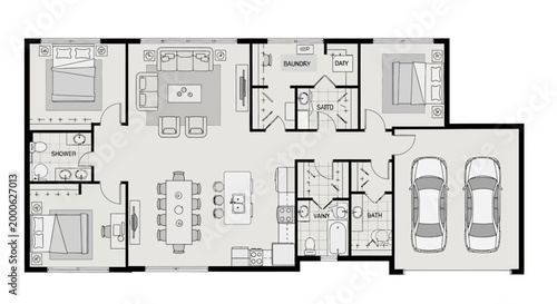 Detailed Architectural Floor Plan of a House with Garage and Laundry Room on Isolated White Background