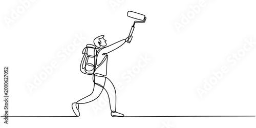 Single line of a person with a backpack holding a paint roller up single line continuous line person