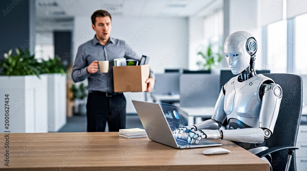 Fototapeta premium AI Robot at Desk with Laptop, Confused Human Office Worker in Blurred Background