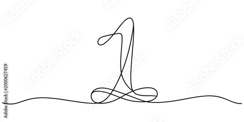 Single line of the number one with decorative ribbon numeral continuous line