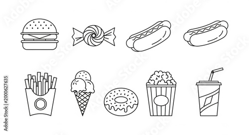 Collection of fast food and sweet treats line art icons.