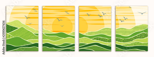 Brochure flyer design, minimalistic stylized landscape, spring summer view, green meadows and hills, set vertical a4 format