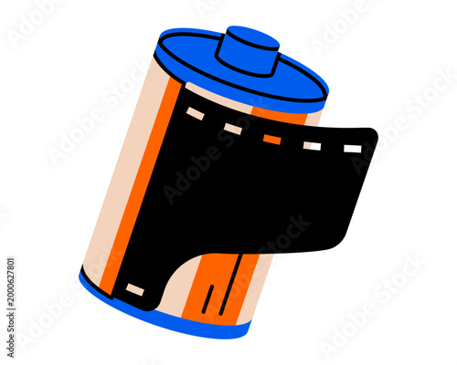 Hand drawn illustration of film roll. Flat vector retro photography tape in canister doodle. Negative photo strip sticker, icon. Memory or nostalgia sign. Content creation. Isolated.