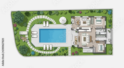 Overhead View of Modern Townhouses with Individual Gardens and Shared Swimming Pool, Colorful Architectural Rendering
