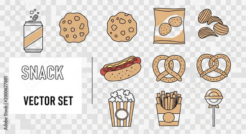 Collection of popular snack food icons and illustrations.