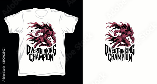 Aggressive warrior character with overthinking champion text for streetwear graphics t-shirt design print template.