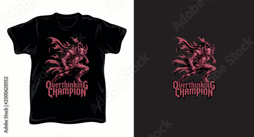 Dark fantasy armored figure with overthinking champion text for apparel graphics t-shirt design print template.