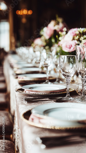 The wedding banquet table is laid out with plates and glassware. Floral arrangements add a touch of color. Guests will gather to celebrate in this beautiful space