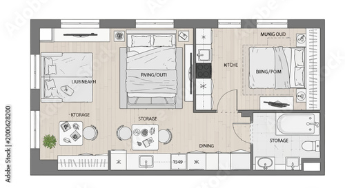 Detailed Contemporary Apartment Layout with Bedroom, Kitchen and Dining Area in Bright Studio