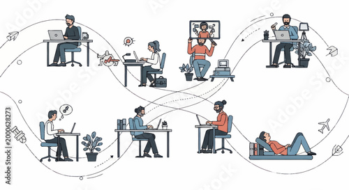 Diverse people working remotely and collaborating online.