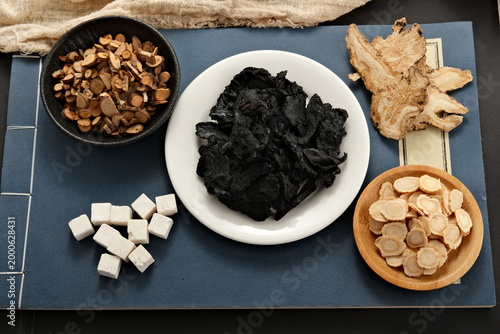 Chinese herbal medicines including Rehmannia glutinosa, Angelica sinensis, Panax ginseng, Cinnamomum cassia, and Poria cocos